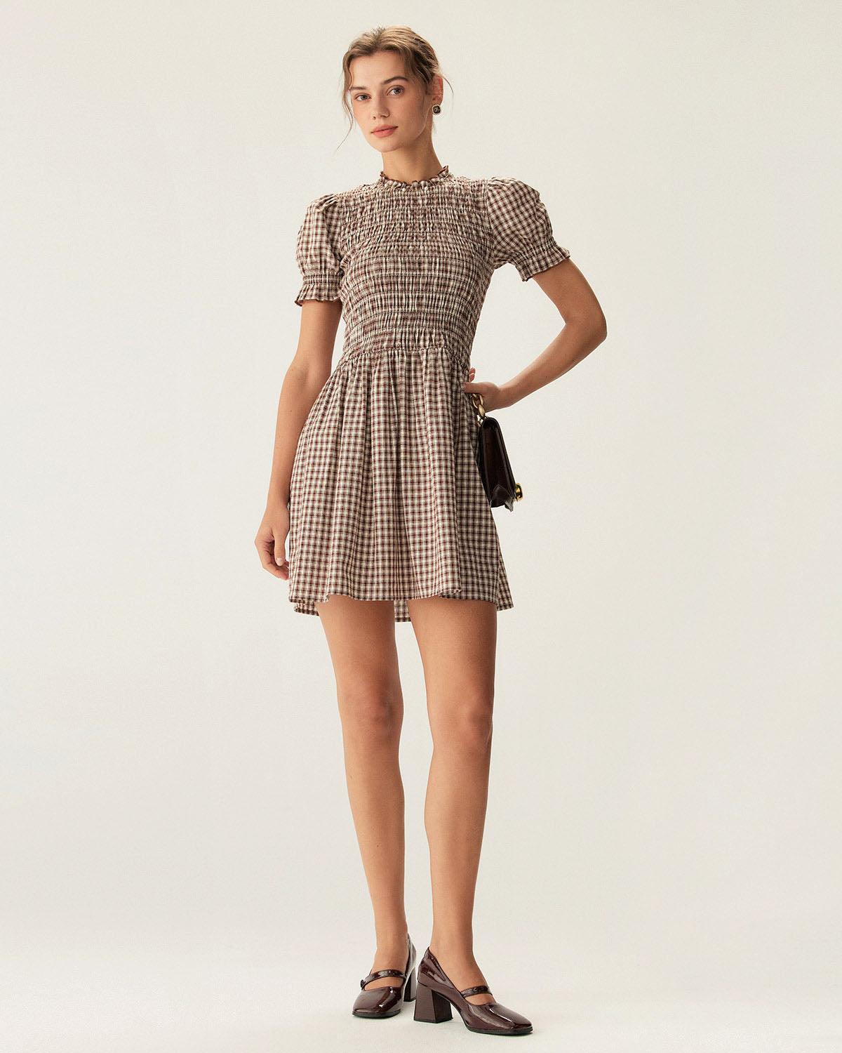 Coffee Plaid Puffed Sleeve Mini Dress