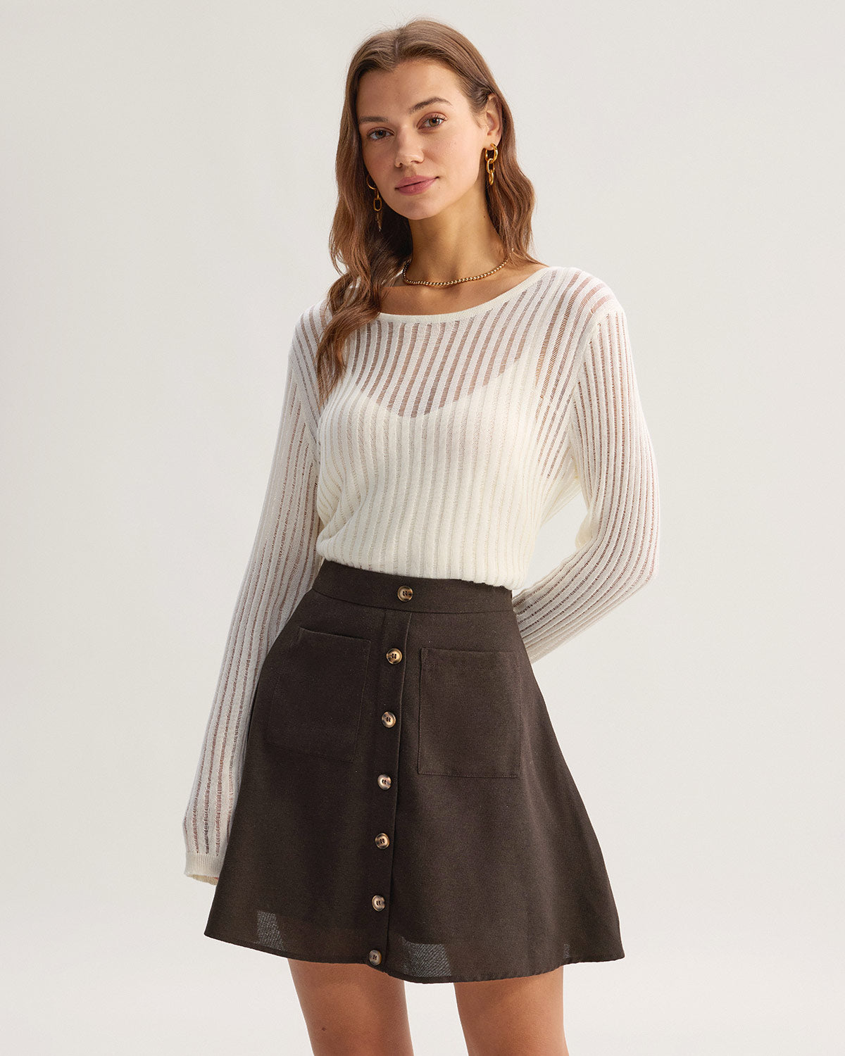 Brown Pocket High Waisted Skirt
