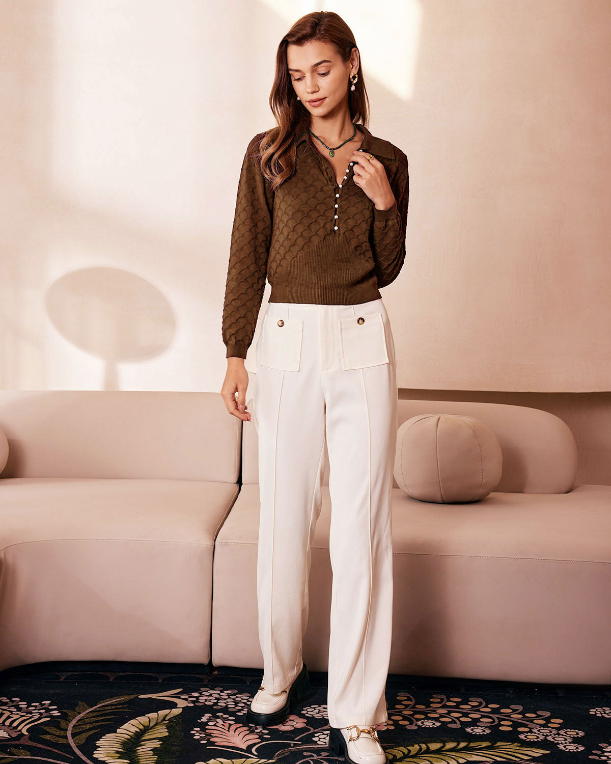 Brown Pearl Buttons Knit Tee