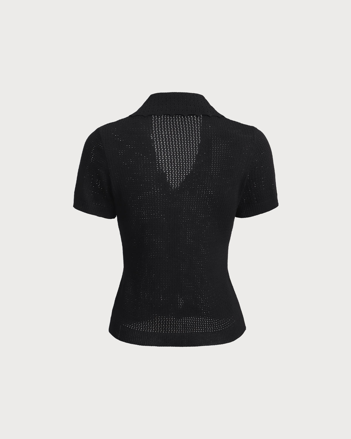 Black V Neck Button Pointelle Knit Tee