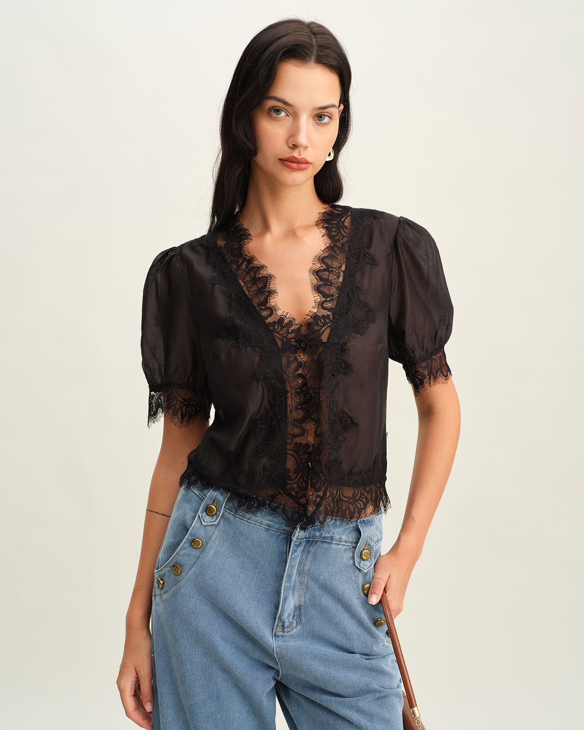 Black Puffed Sleeve Lace Blouse