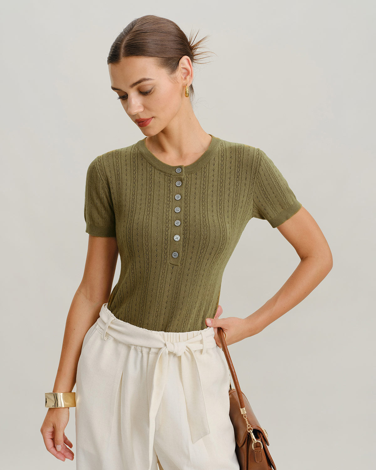 Green Round Neck Ribbed Knit Tee