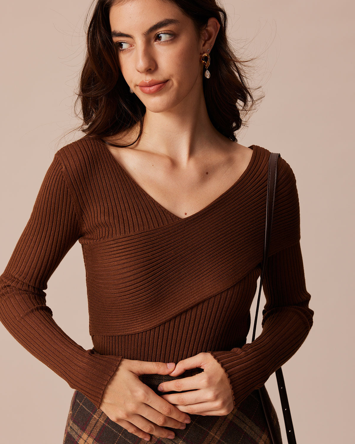 Coffee Ribbed Knit Slim Tee