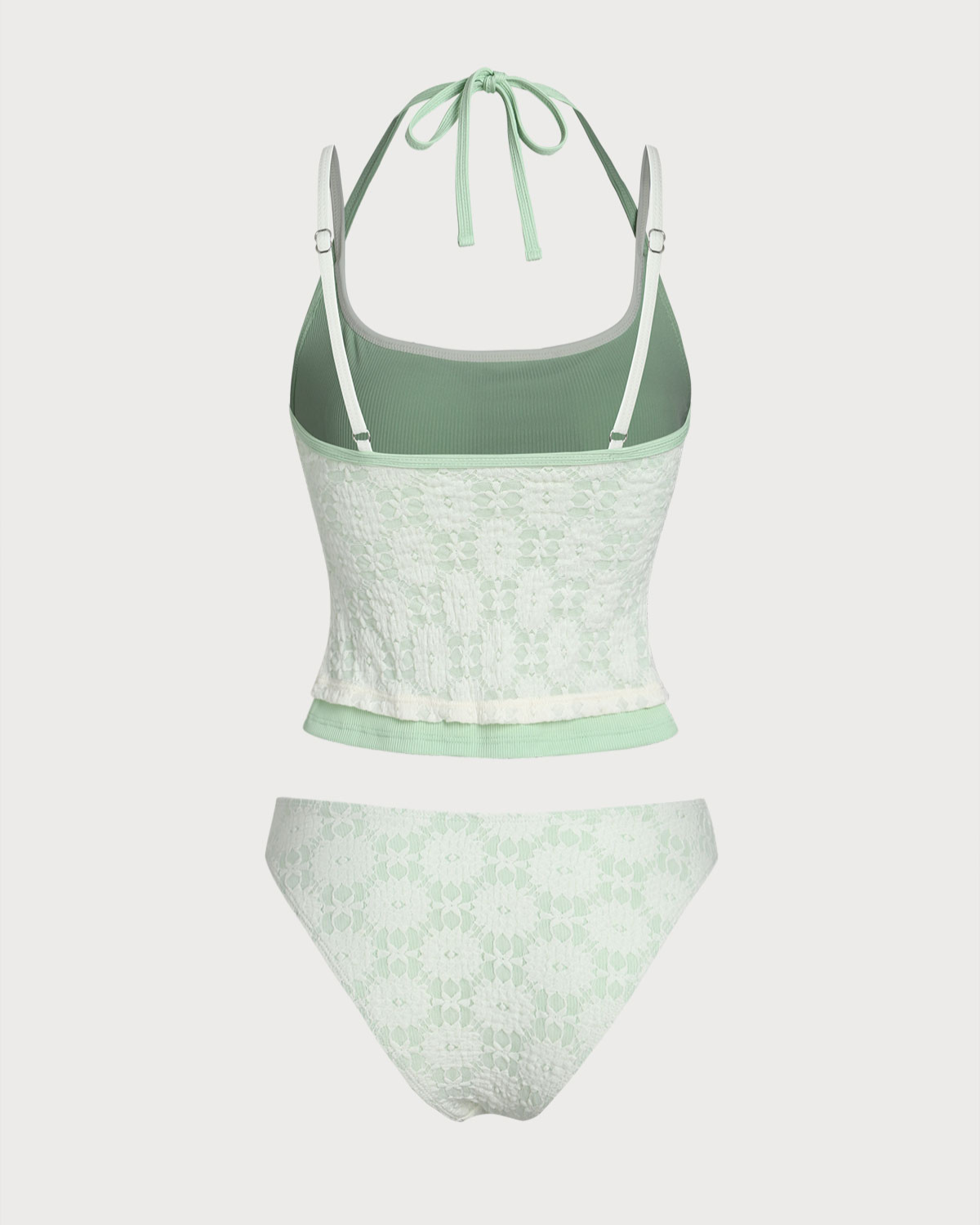 Green Contrast Lace Tankini Swimsuit
