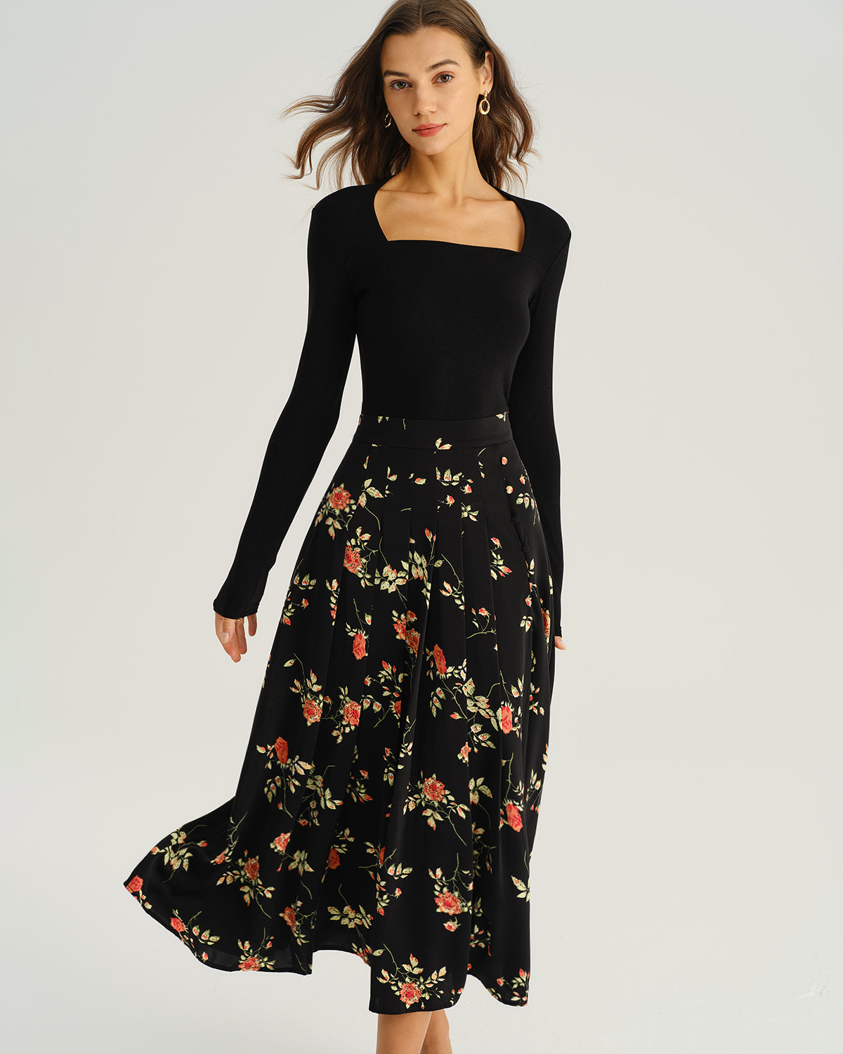 Black Floral A-Line Midi Skirt