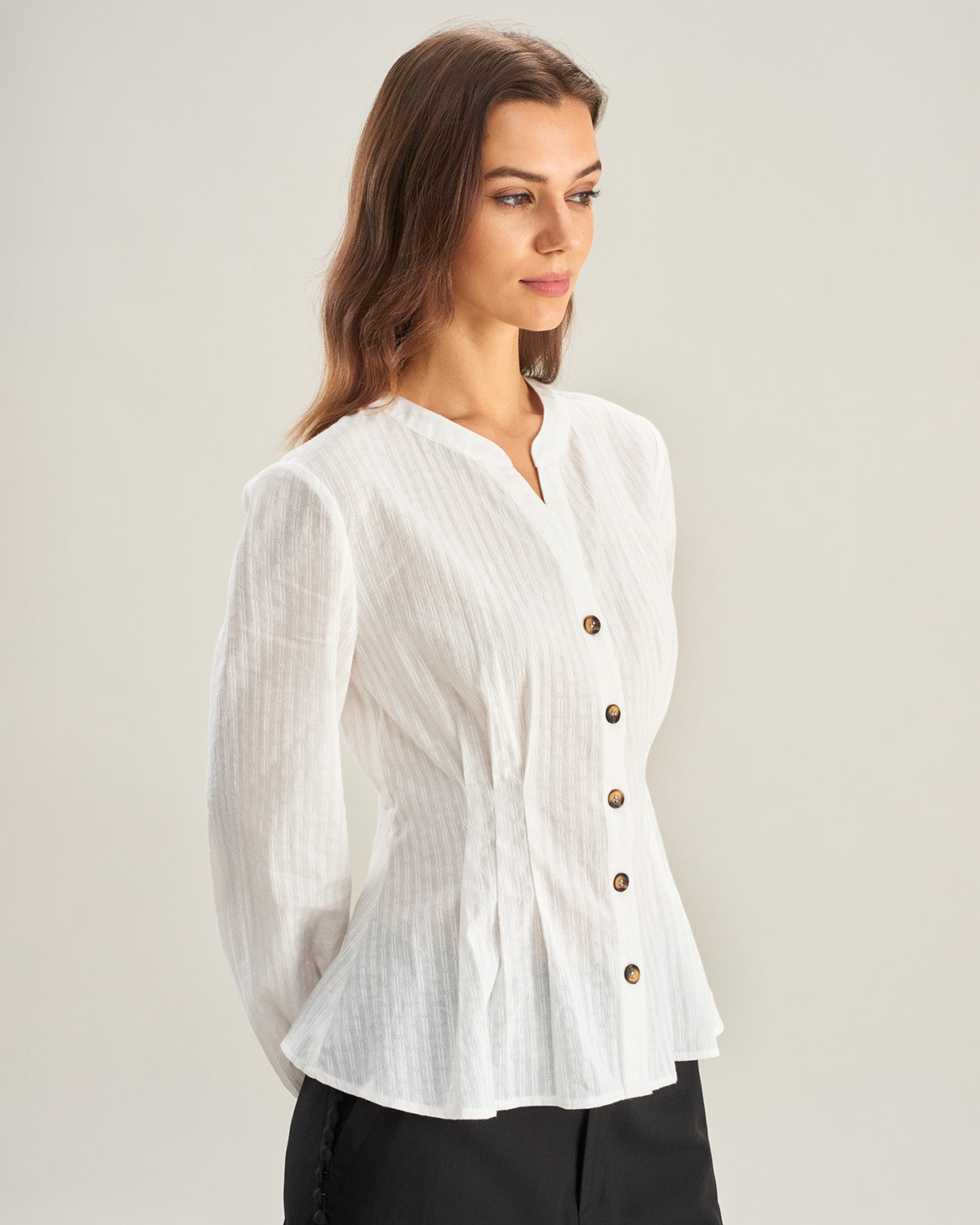 Beige Ruched Lantern Sleeve Shirt