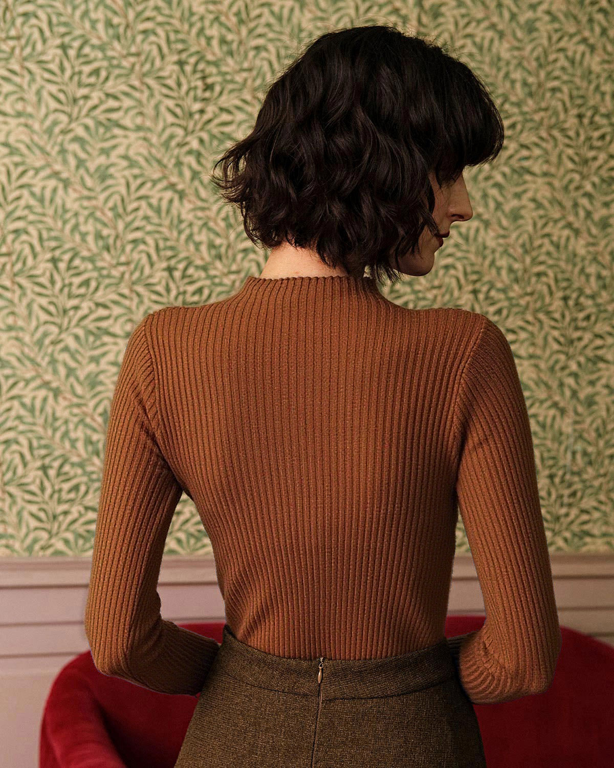 Caramel Mock Neck Ribbed Knit Tee