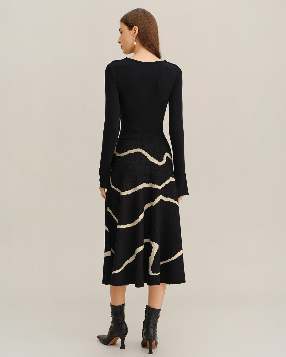 Black Geometric Elastic Waist Midi Skirt