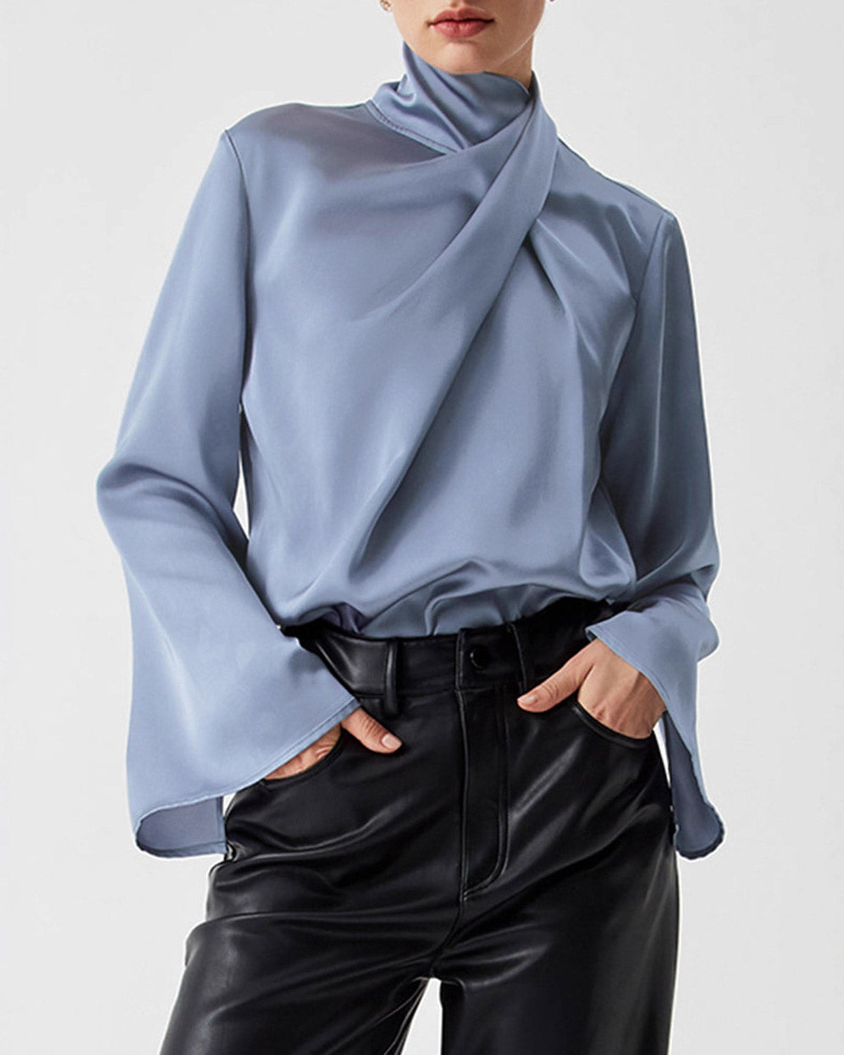 Blue Satin Pleated Blouse